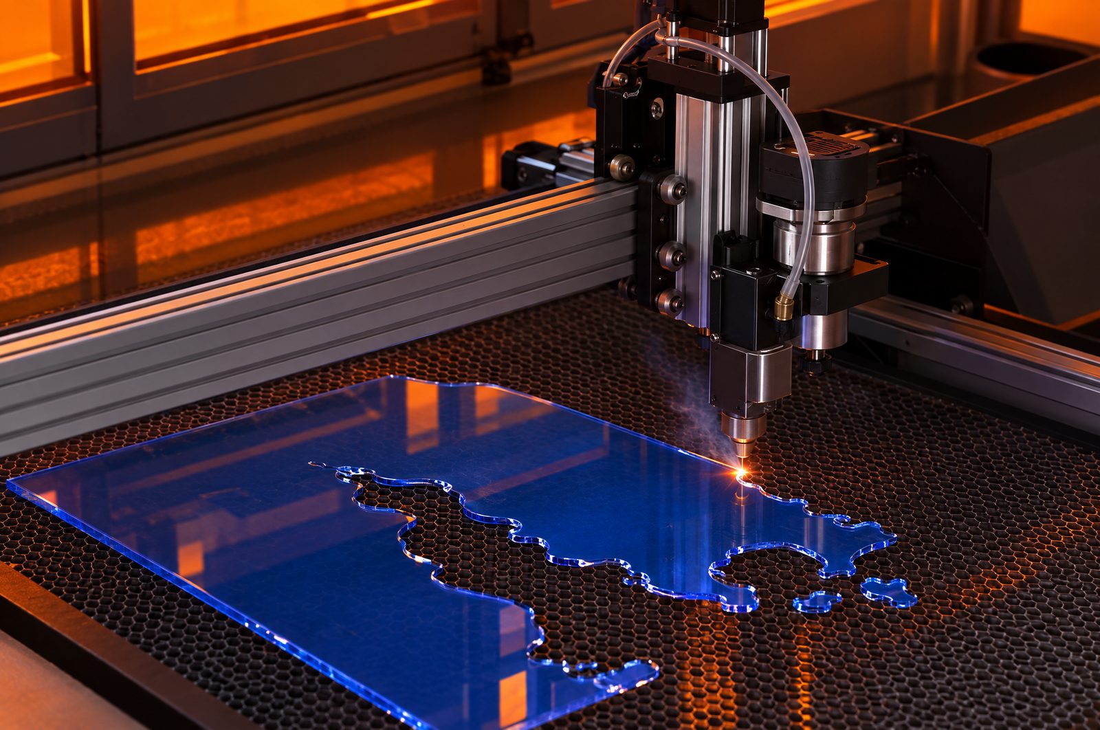 CO2 laser cutting a blue acrylic water layer with polished edges