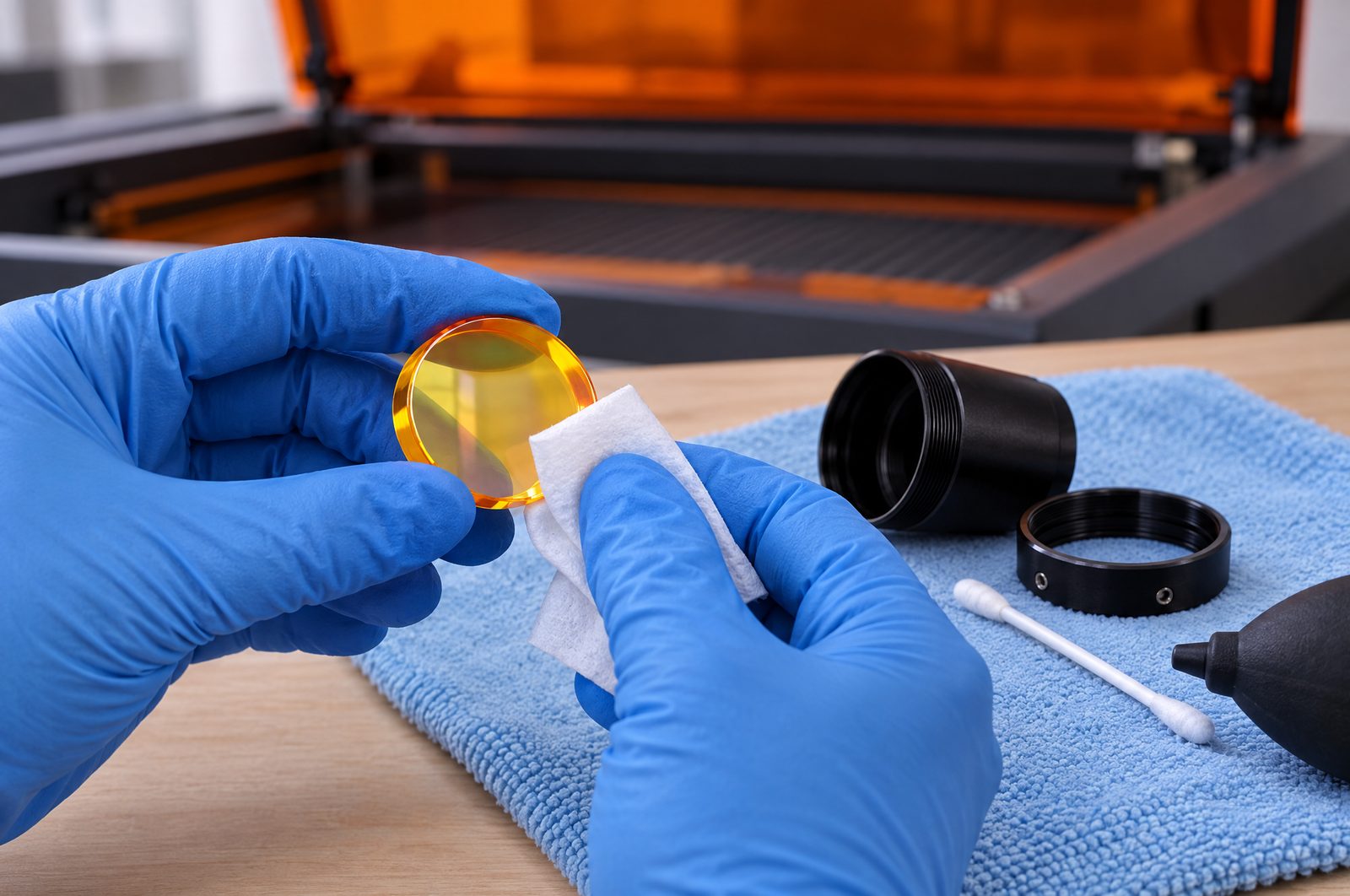 Cleaning a CO2 laser focus lens with an optical cloth