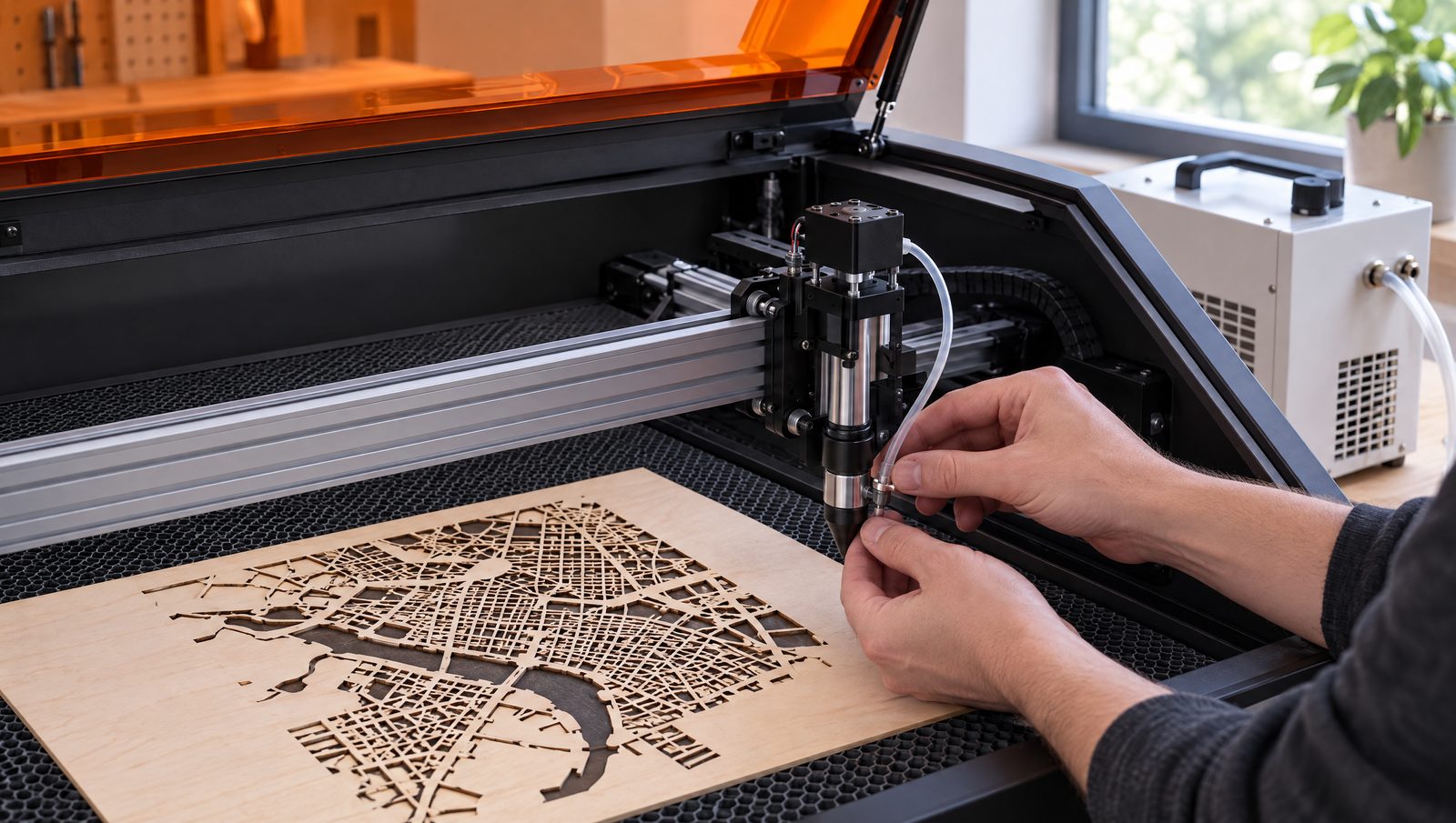 A desktop CO2 laser cutter in a maker workshop, with the laser head over a sheet of plywood.