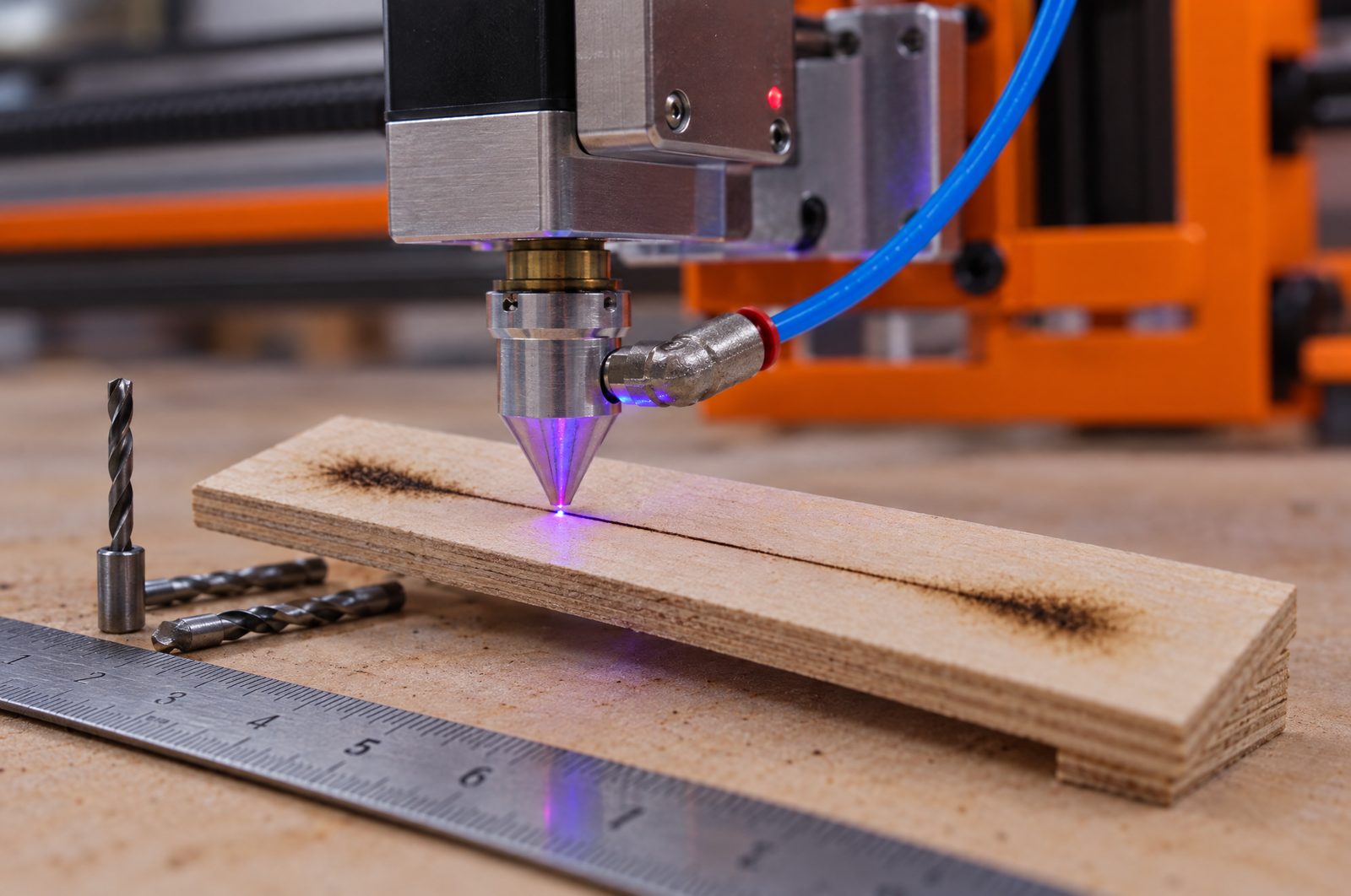 Ramp focus test on a tilted strip of plywood with a blue diode laser