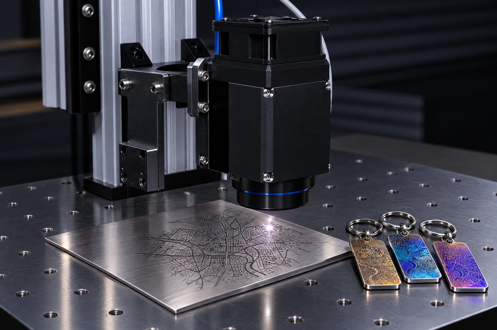 Fiber laser marking a city map on stainless steel next to MOPA colour-marked tags