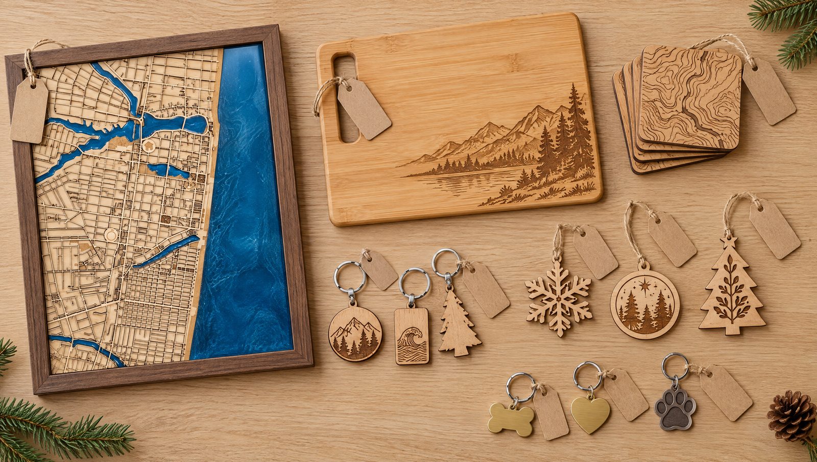 Laser-made products with blank price tags: a framed layered city map, an engraved cutting board, coasters, keychains, Christmas ornaments and pet tags