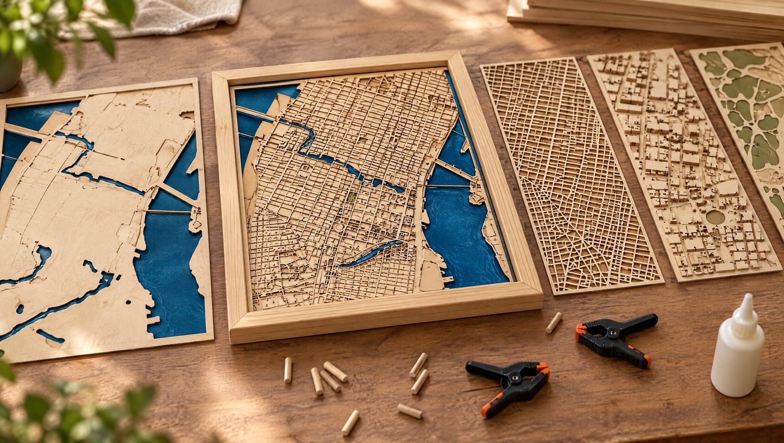 Laser-cut plywood layers of a city map stacked on a workbench, with streets, parks and a water cut-out lined up