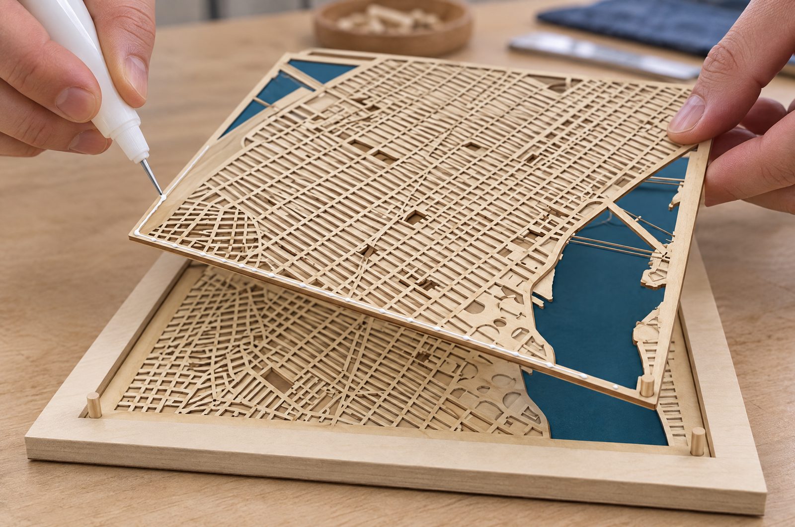 Laser-cut plywood layers of a city map being glued and aligned on a workbench