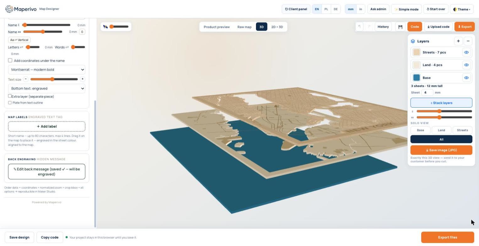 Maperivo 3D preview of a Manhattan map with exploded layers: base, land and streets; panel with Streets 7 pcs, Land 4 pcs, Base, 3 sheets 12 mm tall, sheet thickness 4 mm, Stack layers, solo view and Save image (JPG)