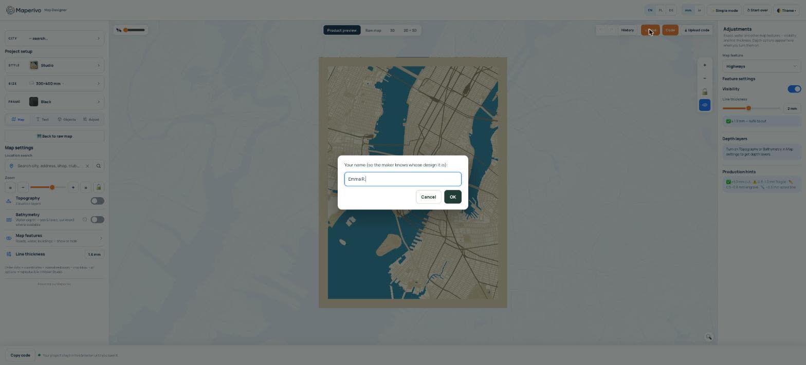 Customer view of the Maperivo designer: a map of Manhattan with a dialog asking for the customer's name so the maker knows whose design it is, example name Emma R.