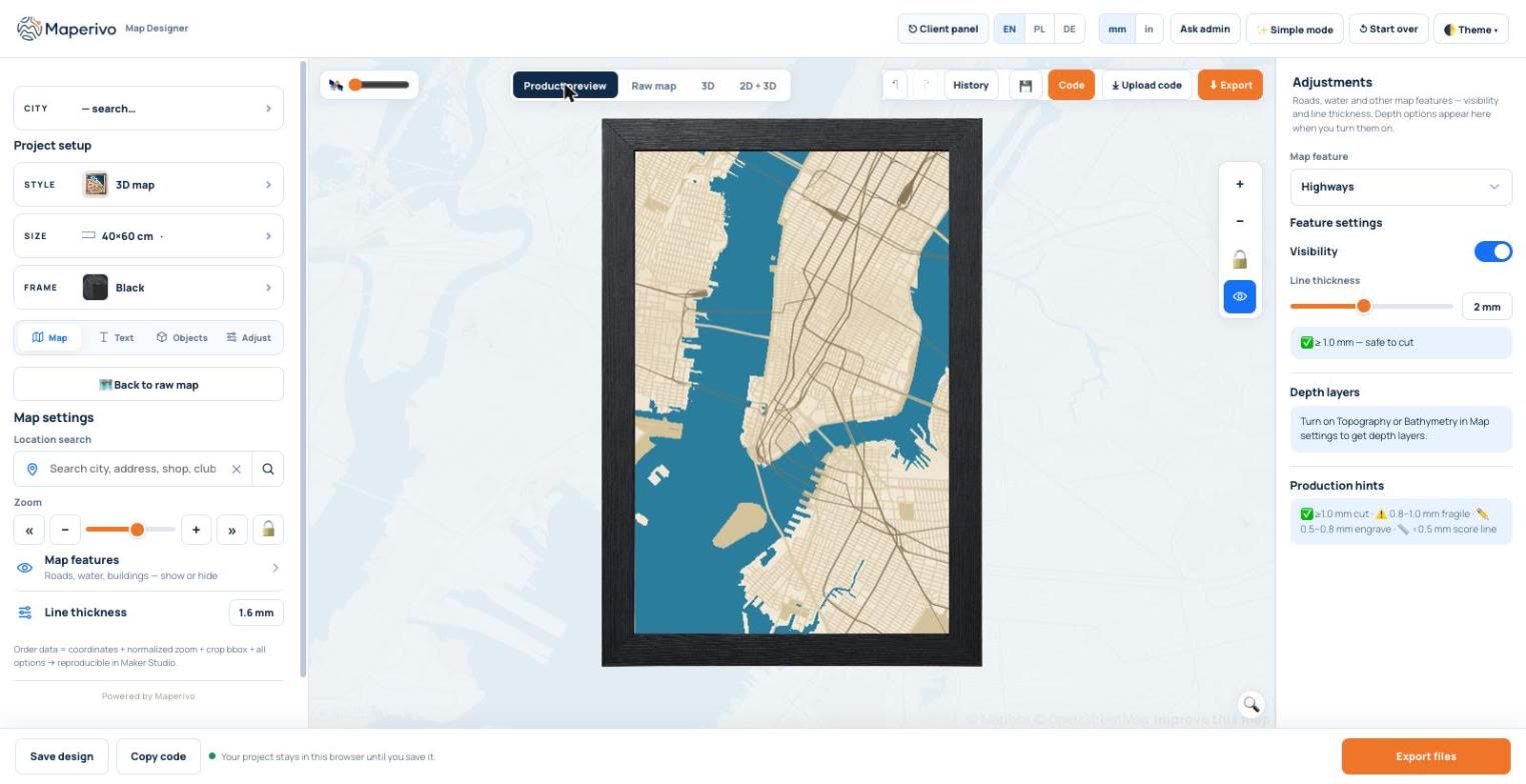 Layered laser-cut map of Manhattan in the Maperivo designer, made from OpenStreetMap data