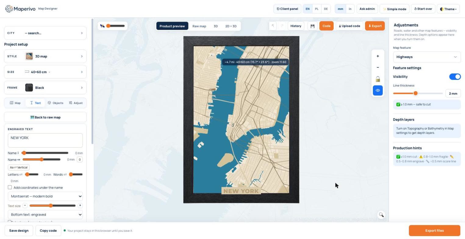 Warstwowa mapa 3D Manhattanu w czarnej ramie z wygrawerowaną na dole tabliczką NEW YORK