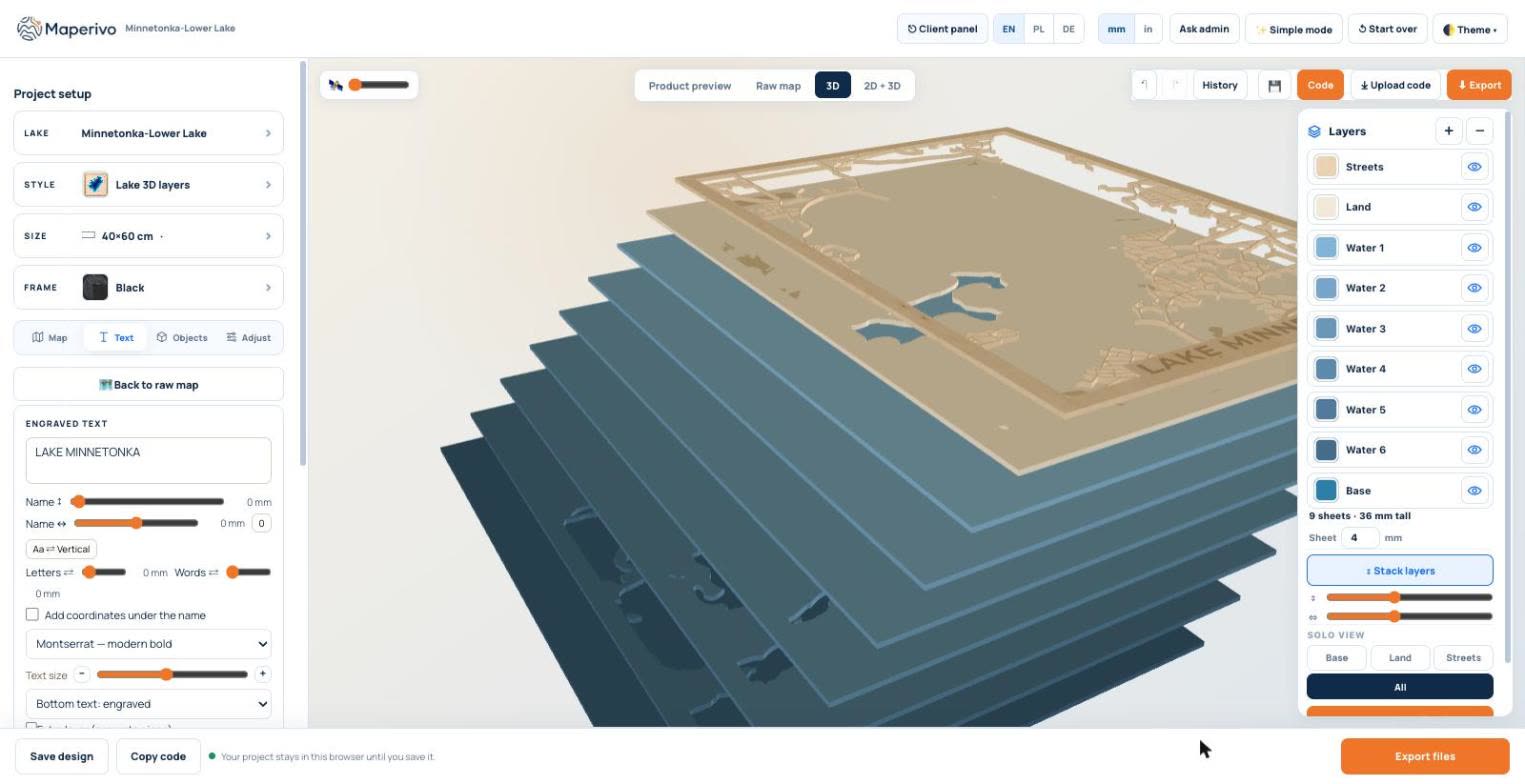 Maperivo 3D preview of a Lake Minnetonka depth map: nine stacked sheets from the dark base through Water 1 to Water 6 up to the land and street layers, 9 sheets, 36 mm tall