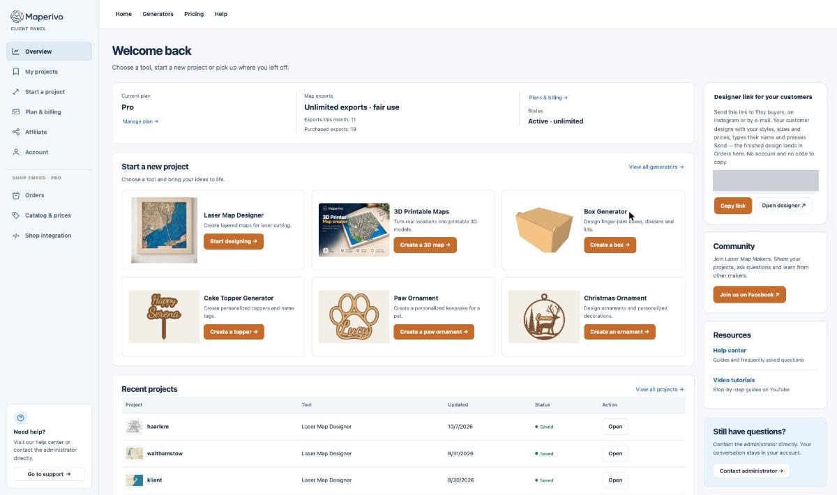 Maperivo client panel overview with the box Designer link for your customers: send this link to Etsy buyers, on Instagram or by e-mail, with Copy link and Open designer buttons (the link itself is hidden)