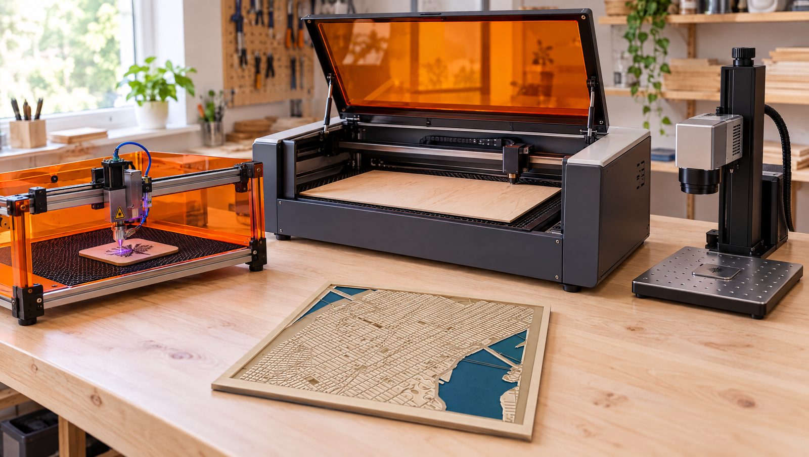 A maker workshop with an open-frame diode laser, an enclosed desktop CO2 laser and a fiber laser marker next to a layered wooden city map