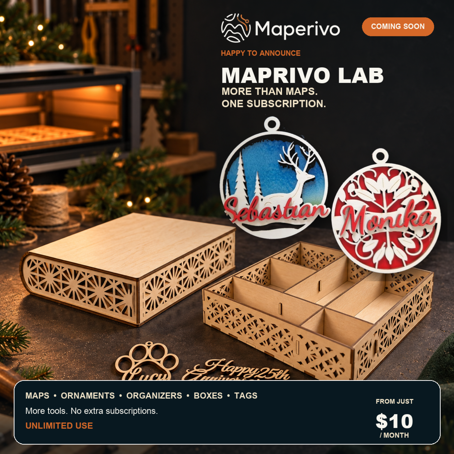 Real ornaments and laser-cut boxes representing Maperivo LAB