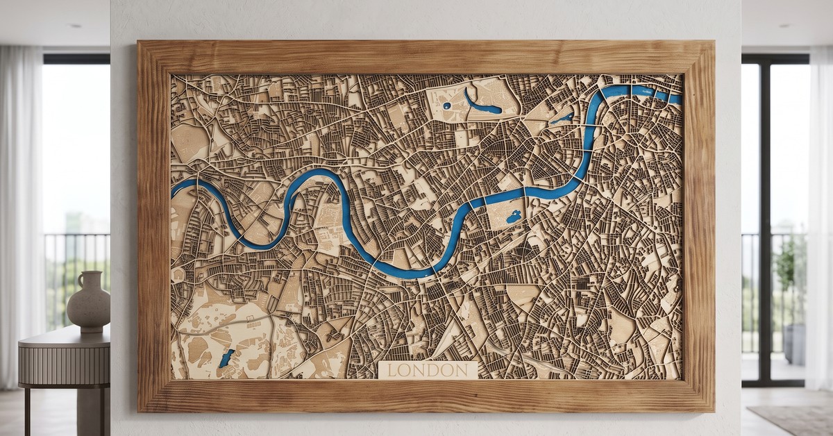 Finished layered London map in a styled interior