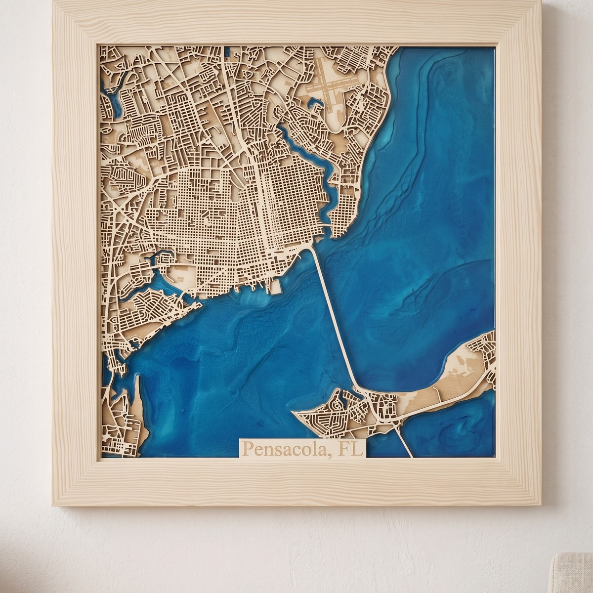 Fertig geschichtete Pensacola-Holz- und Harzkarte auf einer sauberen Wand
